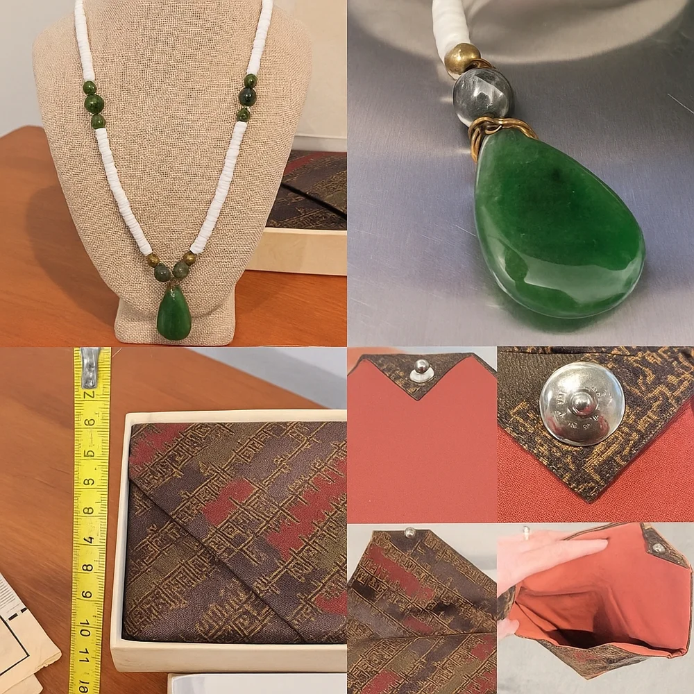 ✨ Vintage 1970 Kyoto Tatsumura Textile “Shikami” Brocade Pouch & Gen Jade Neckla - Picture 6 of 14